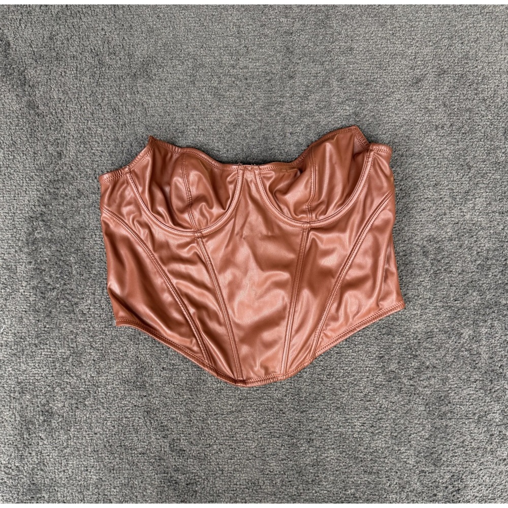 Out From Under Faux Leather Corset Top Cognac Brown XL Strapless Bustier